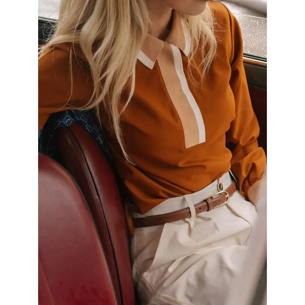 A. Putnam Long Sleeve Polo Golf Shirt in Terra Orange Brown Stripe Trim M - Picture 6 of 14